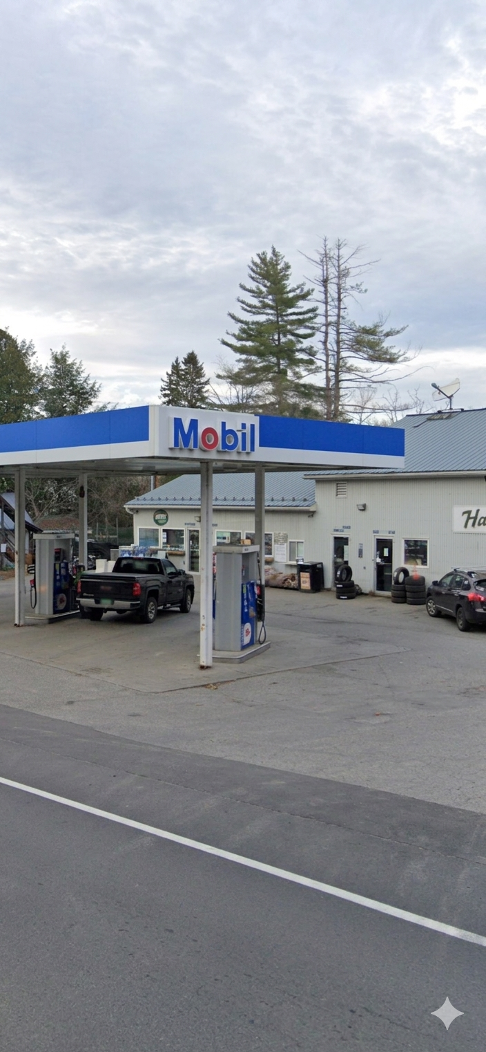 Tall roadside angle of the Mobil pumps and Hay's Service Station property.