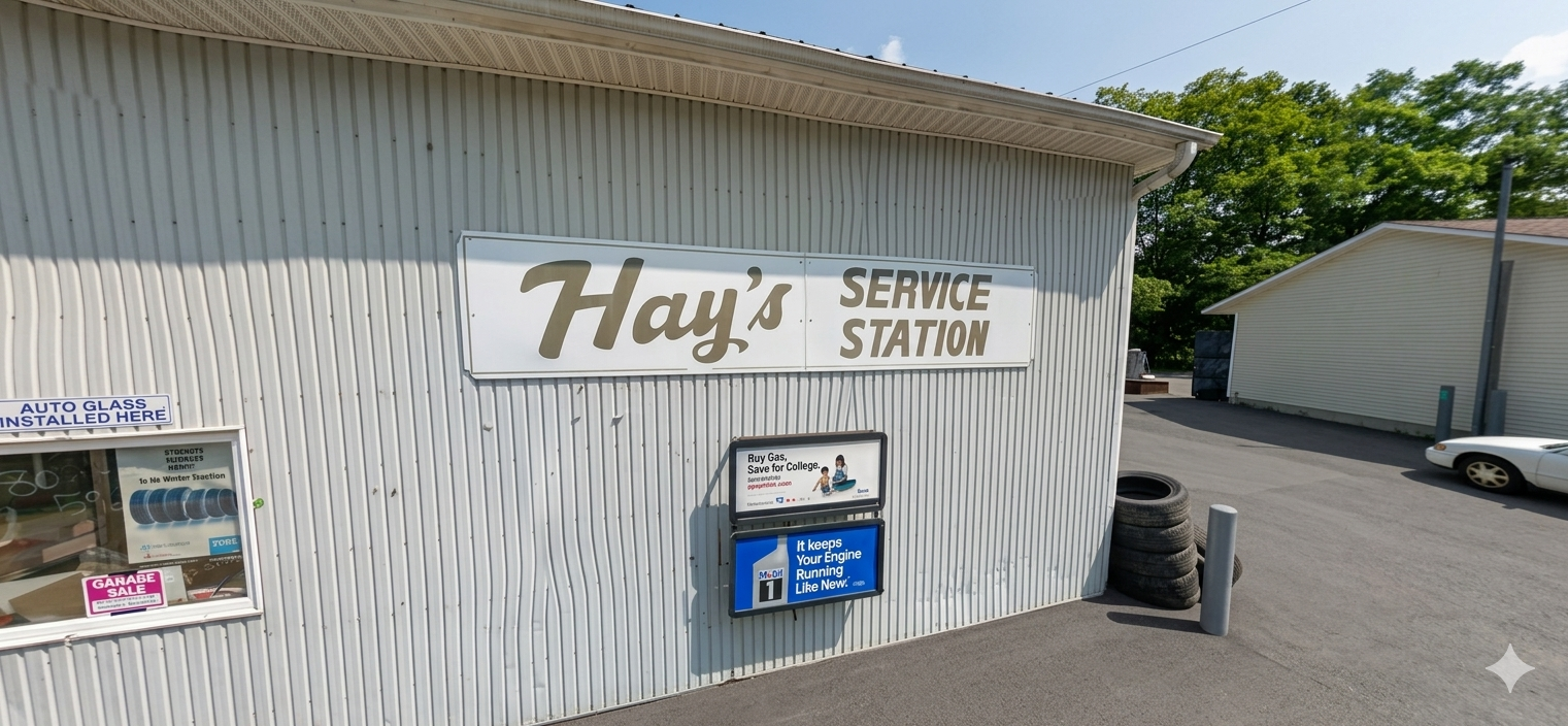 Close view of the Hay's Service Station sign on the building.