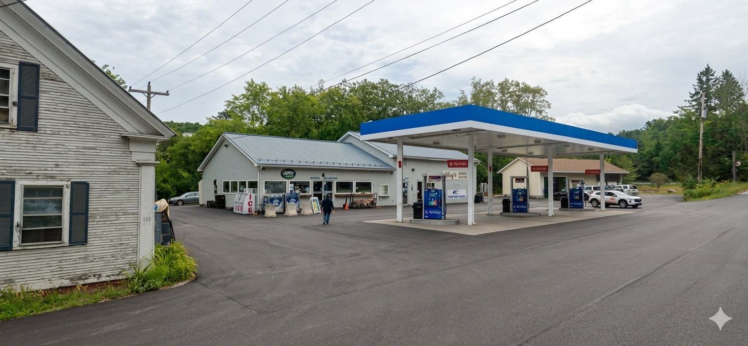 Exterior view of Hay's Service Station in Hardwick, Vermont.